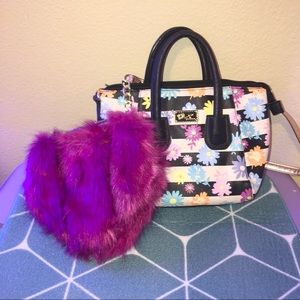 Betsey Johnson Bundle Faux Fur Heart Shaped Cross Body/Floral Striped Mini Bag